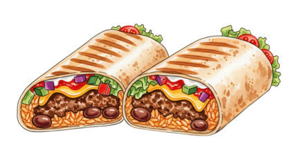 Delicious burritos cut in half and displayed side by side, filled with beans, cheese, and vegetables