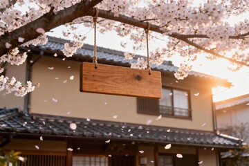 Cherry blossoms and wooden signboard