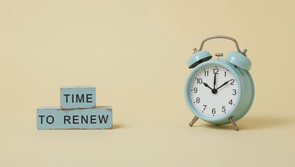 A blue alarm clock next to blocks that say time to renew on a beige background