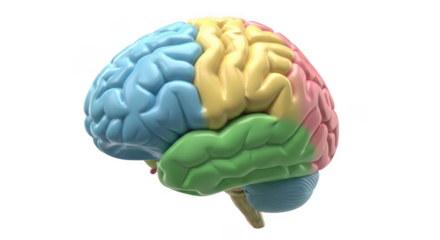 Colorful human brain anatomy with labeled lobes for medical education and science transparent background black background