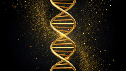 A golden DNA double helix structure with sparkling particles on a black background