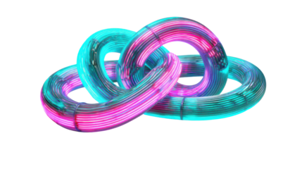 Abstract neon glowing intertwined chains illuminating connection, technology, and digital data on transparent background