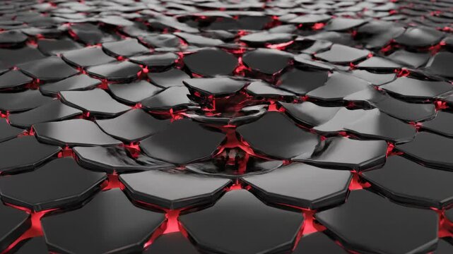 Abstract digital animation loop of polished black geometric scales undulating smoothly while pulsating intense ruby red light glows beneath the surface technology, modern design, futuristic