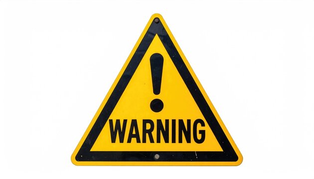 Caution Sign: A close-up view of a warning sign, prominently displaying a large black exclamation point within a yellow triangle, and the word WARNING written below it. Signifies a hazard or alert.