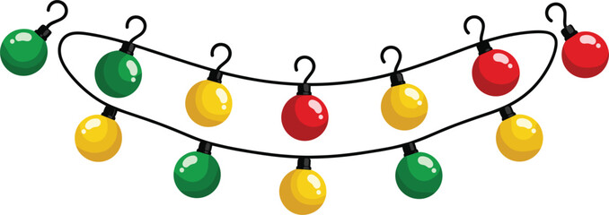 Obraz premium Festive hanging string lights vector illustration with colorful round bulbs garland isolated on white background for holiday decoration design