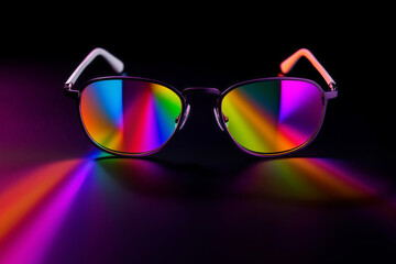 Modern Eyeglasses with Vibrant Rainbow Light Reflections for Optical Technology, Enhanced Vision, and Creative Design