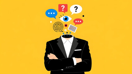A businessman's head full of questions, ideas, observations, and decisions
