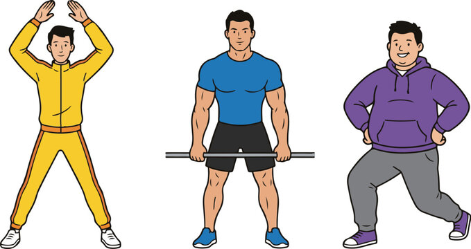 Male body types illustration featuring an ectomorph doing jumping jacks, a mesomorph holding a barbell, and an endomorph performing a lunge, representing somatotypes, vector isolated.