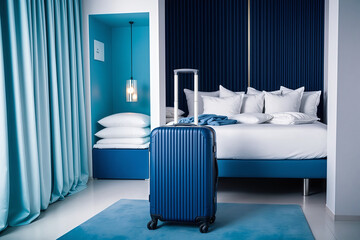 Blue Suitcase in Modern Luxury Hotel Room Interior for Business Travel, Vacation, and Relaxation