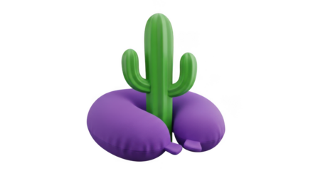Surreal 3d cactus sculpture with purple bloom transparent background