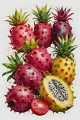 Artistic arrangement of dragon fruit and colorful fruits