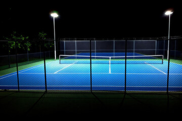 Empty Blue Tennis Court Lit at Night. Modern Outdoor Sports Facility for Fitness, Recreation, and Active Lifestyle Promotion.