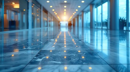 Blurred modern office interior with glass walls and white ceiling, bokeh lights, open space with walking people, backdrop for business presentation and card design