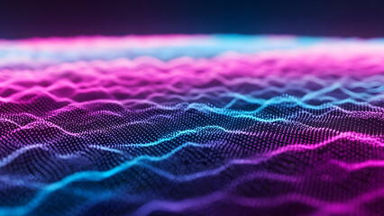 Abstract digital waves of neon pink and blue particles creating a futuristic landscape