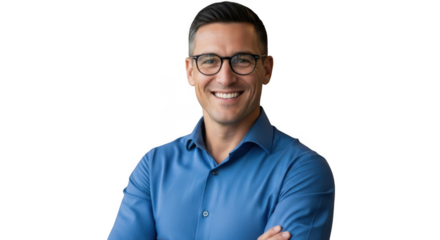 Professional man wearing glasses smiling confidently arms crossed business portrait transparent background black background
