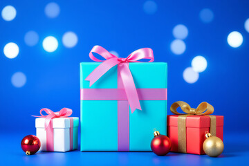 Vibrant Holiday Gift Boxes on Blue with Bokeh Lights. Perfect for Christmas Sales, Festive Promotions, and Seasonal Gifting.