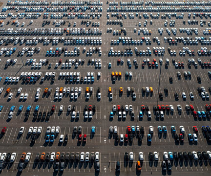 Large Parking Lot Filled With Various Cars During Daytime Hours