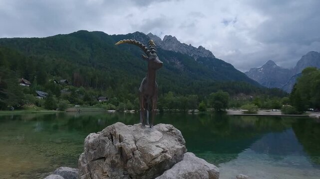 zlatorog. Bronze statue of the mythical Goldenhorn ibex at Lake Jasna in Slovenia.