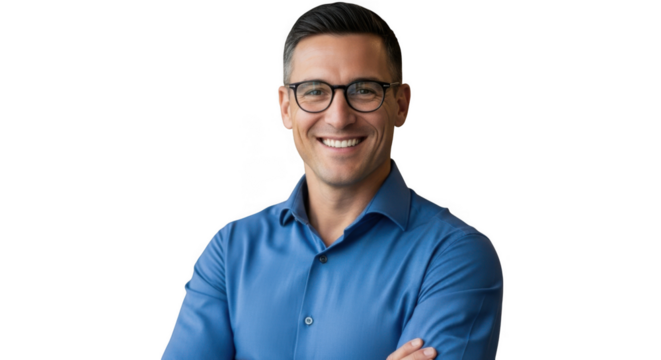 Professional man wearing glasses smiling confidently arms crossed business portrait transparent background black background - Powered by Adobe