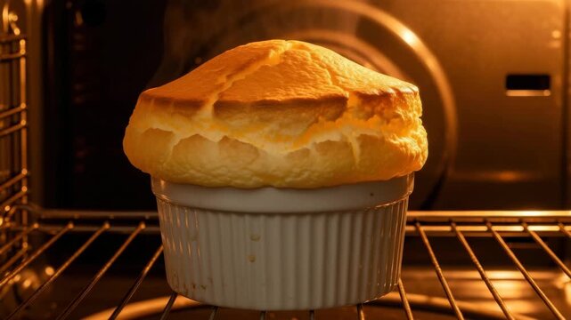 A souffl rises in a ramekin inside an oven with golden light shining on it