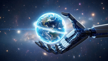 A powerful robotic hand cradles a luminous earth, symbolizing the future of technology and human-machine collaboration in space.