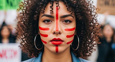 Powerful Woman with Red Face Paint at a Meaningful Protest Demonstration