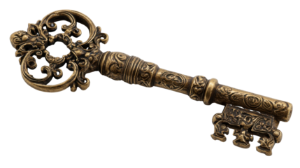 Ornate antique skeleton key representing unlocking secrets, access, knowledge, and security on transparent background