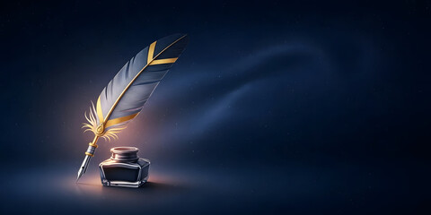 Old fashioned quill pen and inkwell glowing in a dark blue atmosphere