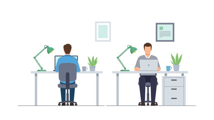 Flat vector illustration of a modern office workspace showing two men working
