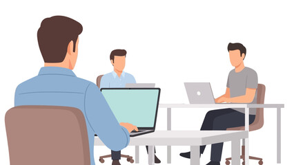 Flat vector illustration of a modern office workspace showing two men working