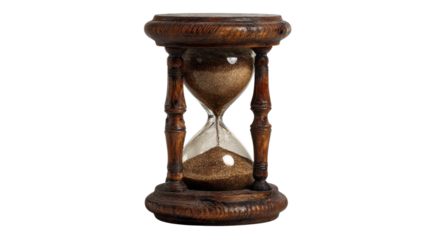 Hourglass with flowing sand measuring passing time, antique wooden clock for temporality and deadline concepts