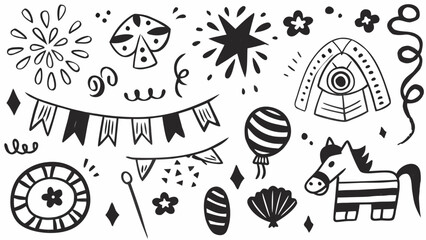 Whimsical black and white doodle set featuring stars balloons and playful creatures © Sujal