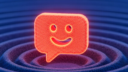 Happy chat icon glowing on a textured blue surface, symbolizing positive digital communication