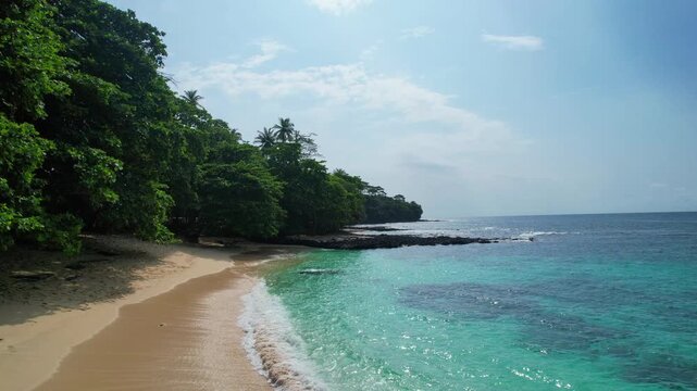 Aerial view over praia caf&eacute; (coffee beach) and the coast at ilheu das Rolas,S&atilde;o Tom&eacute;,Africa