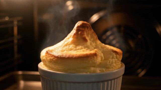 A souffl rises in a white ramekin inside an oven with steam coming out