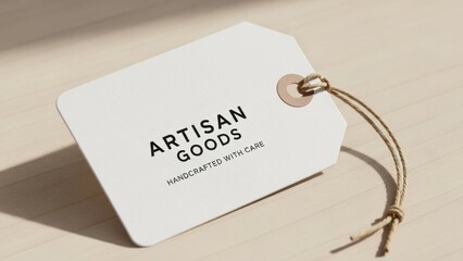 Elegant white artisan goods tag showcasing handcrafted quality with natural twine detail and soft