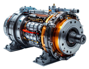 Conceptual 3D Illustration of Electric Vehicle Motor, Cutaway View, Isolated on White Background