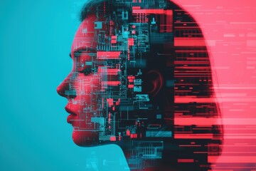 Female profile merging with digital circuit patterns and data streams, representing AI, cyborg technology, and futuristic concepts
