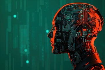 Future human face profile presenting advanced AI technology, intricate circuit board patterns, and glowing data connections
