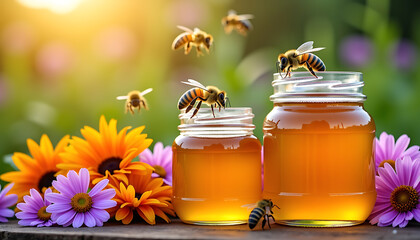 Honey Jars with Bees and Flowers in Spring Garden