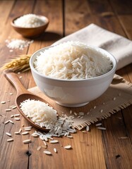 White rice in a bowl on a wooden table