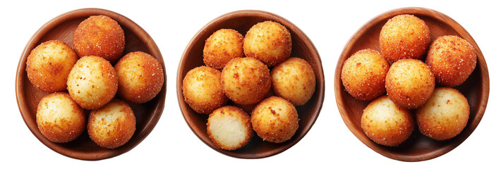 Set of sweet coconut Cassava dessert balls covered in shredded coconut on wooden board, isolated on white transparent background