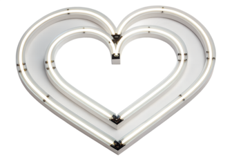 A vibrant white neon light heart sign with an inner glowing heart, isolated on a black background