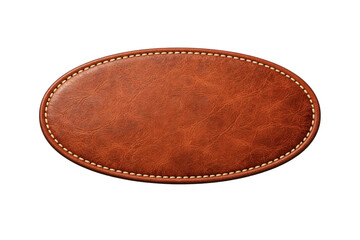 brown leather oval placemat with visible stitching along the edges on transparent background