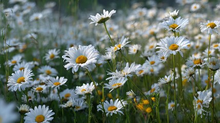 Seamless daisy field pattern, spring wildflower meadow background, bright white petals with yellow centers, fresh green foliage wallpaper texture