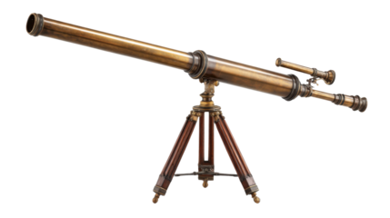 Antique brass telescope with a wooden tripod, representing exploration, science, and historical astronomy, on a transparent background