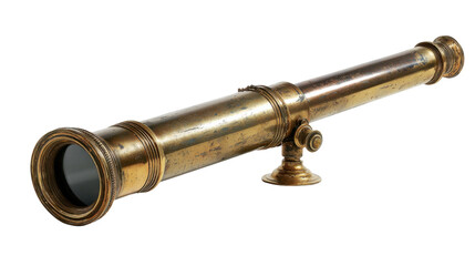 Vintage brass telescope on a stand, offering a view of distant objects or exploring the night sky, transparent background