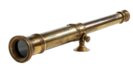 Vintage brass telescope on a stand, offering a view of distant objects or exploring the night sky, transparent background