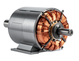 Electric Vehicle Motor with Exposed Copper Windings, Front View, Isolated on White Background