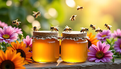 Honey Jars with Bees and Flowers in Spring Garden